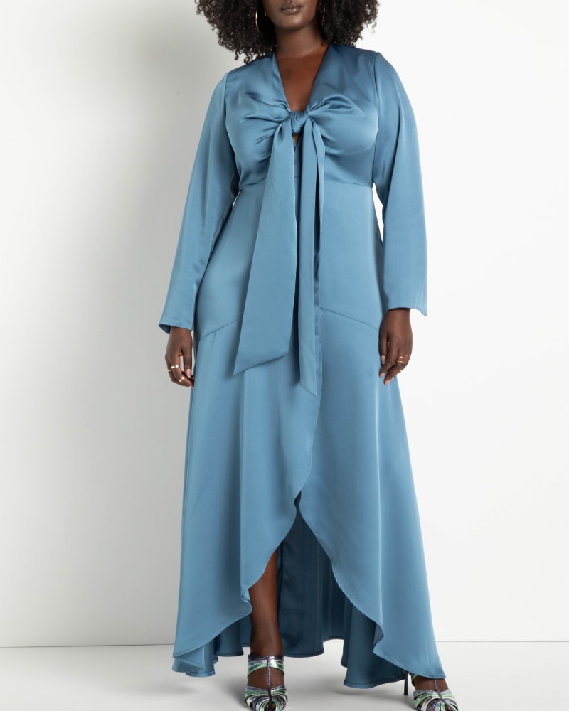 Front of a model wearing a size 14 Patty Satin Gown in Copen Blue by ELOQUII. | dia_product_style_image_id:217081